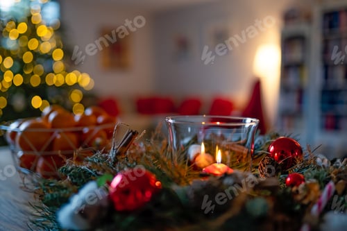 Preview: Cozy Christmas holidays home interior. Lit candle inside decorated wreath and clementines on table
