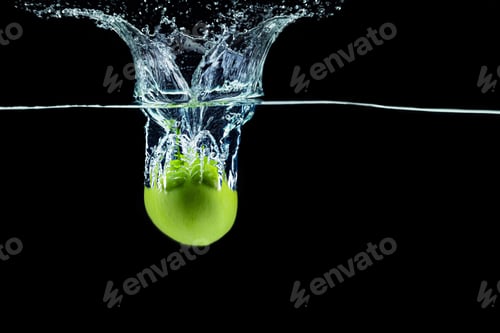 Preview: Green apple falling in water with a splash against dark background