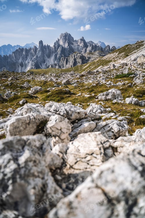 Preview: Rifugio Lavaredo with Cadini di Misurina mountain group in background. Dolomites at the Cime di