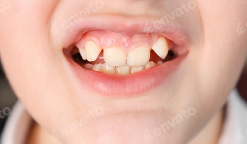 Preview: Close-up of a child's mouth with malpositioned teeth.