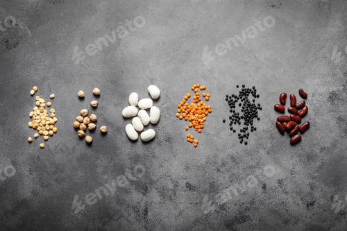 Preview: Various types of legumes, beans, lentils. chickpeas and peas, top view