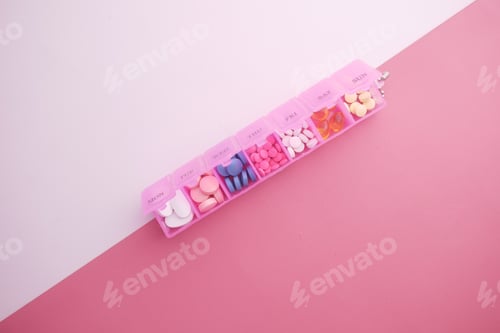 Preview: top view of medical pills in a pill box on color background