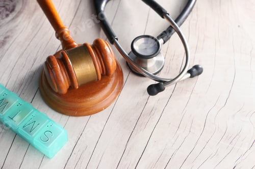 Preview: Top view of gavel, stethoscope and pills on white background