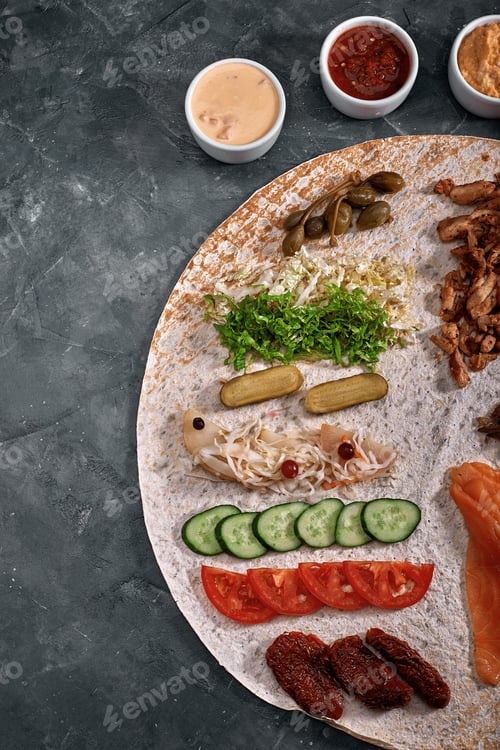 Preview: Homemade shawarma, burrito, chicken and salmon roll with vegetables and sauce. Top view ingredients