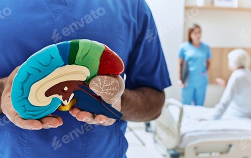 Preview: Recovery of elderly woman after stroke in hospital room with doctor and nurse. Neurologist holding