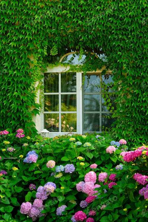 Preview: Windows overgrown by Ivy on house facade, external wall of the house covered with ivy.