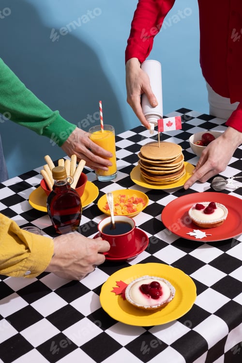 Preview: Canada Day traditional food concept. A girl in a classy cafe eats in Canada. Breakfast and lunch.