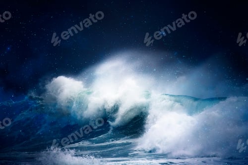 Preview: Dramatic stormy crashing waves on a beach at night with star constellation in the background.