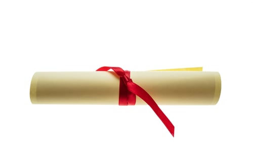 Preview: Degree scroll with red ribbon isolated on white. College paper certificate roll, University studies