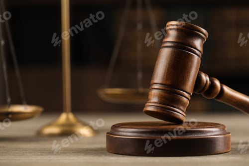 Preview: Wooden gavel on table, closeup. Space for text