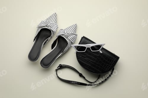 Preview: Stylish woman's bag, shoes and sunglasses on light background, flat lay
