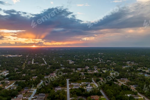 Preview: Aerial landscape view of suburban private houses between green palm trees in Florida