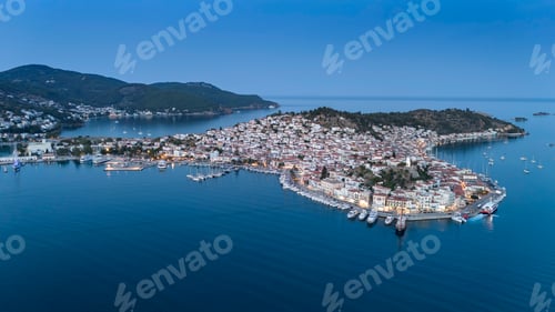 Preview: Aerial panorama of the city and harbor of Poros island in the Saronic Gulf, Greece,