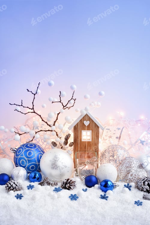 Preview: Christmas composition with decorative balls and toy house on sno