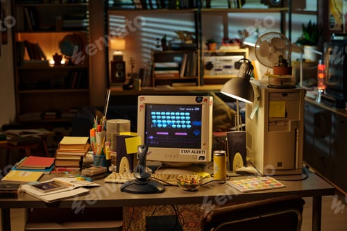 Preview: Dimly Lit Vintage Office Desk Lit by Lamp and Computer Screen