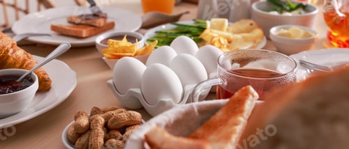 Preview: Different tasty food for brunch on table indoors, banner design