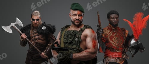 Preview: Military man with barbaric viking and conquistador on his sides