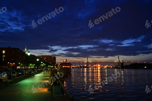 Preview: The Talmadge Memorial Bridge at sunset from the River Walk in Savannah, GA
