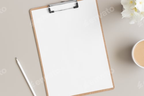 Preview: Wooden clipboard mockup with a cup of coffee and oleander on a beige table.