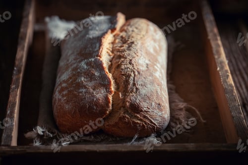 Preview: Homemade and tasty loaf of bread on rutic table.