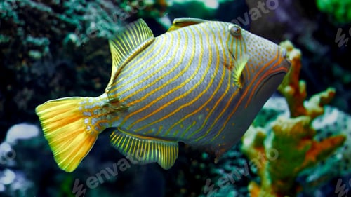 Preview: Closeup of tropical fish with yellow stripes swimming over the coral reef
