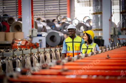 Preview: Team male and female engineers in a metal sheet factory