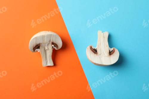Preview: Fresh champignon mushrooms on two tone background, top view