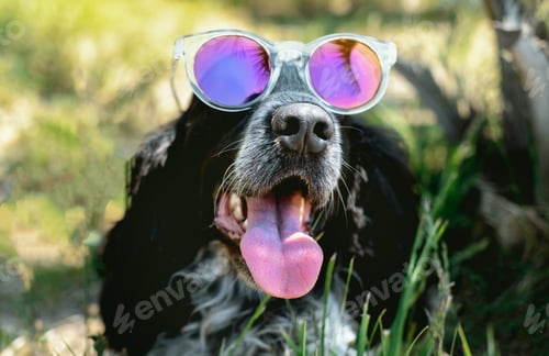 Preview: Cute happy spaniel with his tongue hanging out wearing sunglasses is lying on green grass.