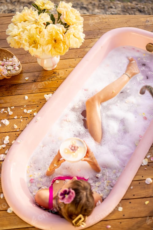 Preview: Woman lying in pink bathtub during SPA relaxation