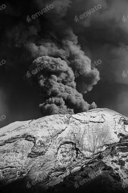 Preview: Scenic view of an erupting volcano in grayscale
