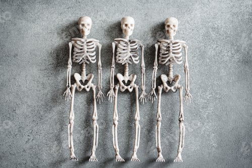 Preview: Little toy skeletons over grey background, minimalistic Halloween concept, top view flat lay
