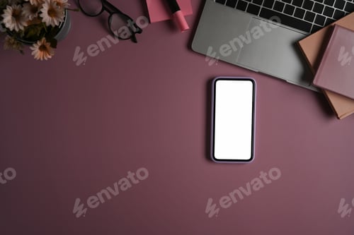 Preview: Mockup smart phone, laptop computer, notebooks and glasses on purple background.