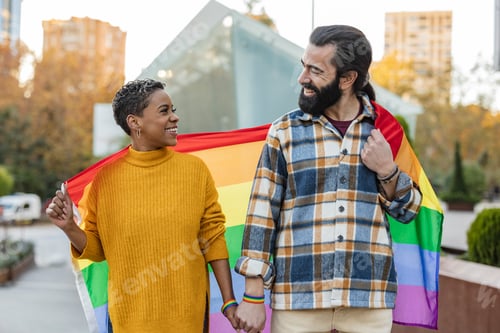Preview: Couple Celebrating with Pride Flag Outdoors