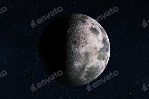 Preview: Close-up of a waning last quarter moon with stars. Highly detailed lunar