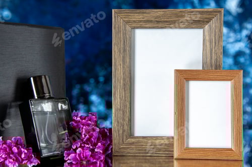 Preview: front view black expensive fragnance with picture frames on a blue background flower love present