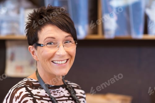 Preview: Portrait of smiling mature seamstress in workshop