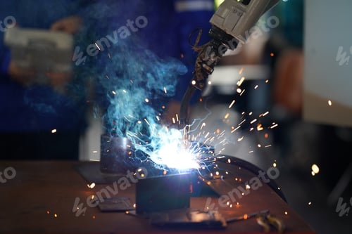 Preview: Robotics engineer working on maintenance of robotic arm in factory warehouse. Business technology.