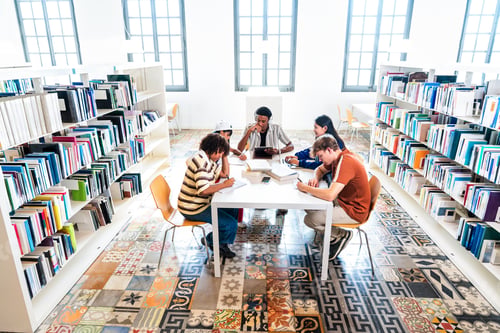 Preview: Multiethnic students studying together in library teamwork