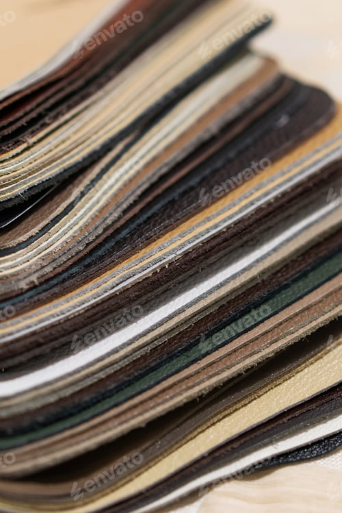 Preview: Luxury multicolored leather samples close-up. Multicolored palette leather