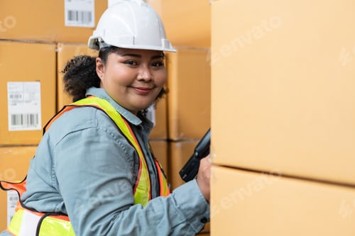 Preview: African female worker with product scanner scanning barcode on parcel box in the warehouse