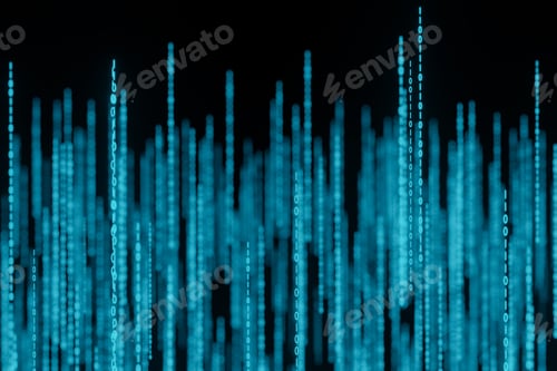 Preview: Stream of binary matrix code numbers on the screen 3d rendering