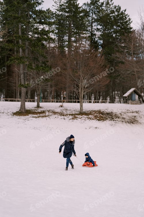 Preview: Laughing mother drags a small child on a sled along the edge of the forest. Side view