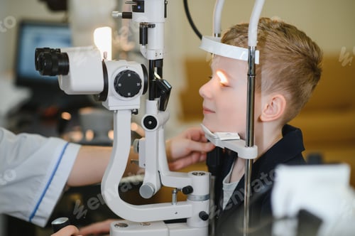 Preview: Ophthalmologist checking child's vision with modern equipment in clinic