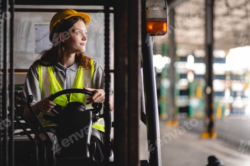 Preview: professional Female worker driving forklift in industrial, storehouse or warehouse container