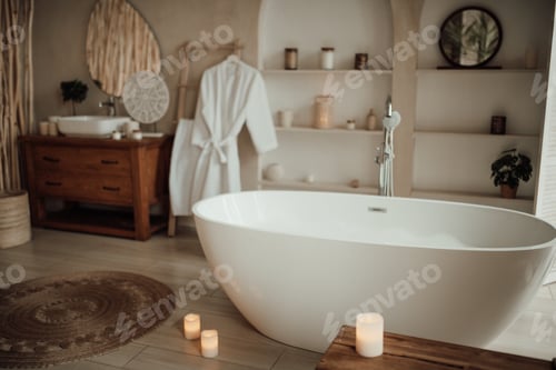 Preview: Luxurious interior bathroom in modern minimalist bright earth tones style with oval bathtub