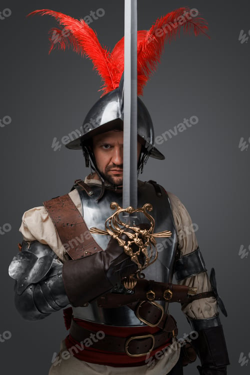 Preview: Brave musketeer with epee dressed in plate armor and helmet
