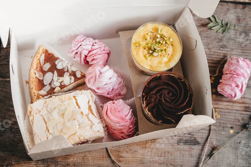 Preview: open box with different cakes and marshmallows, on a wooden background.