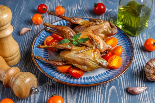 Preview: Delicious fried quail with herbs and cherry tomatoes.