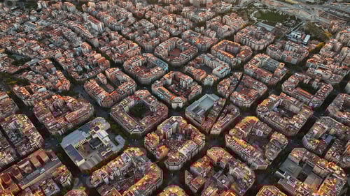 Preview: Aerial view of typical buildings of Barcelona cityscape. Eixample residential famous urban grid