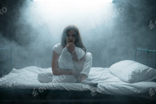 Preview: Crazy woman with pillow in bed, psychedelic